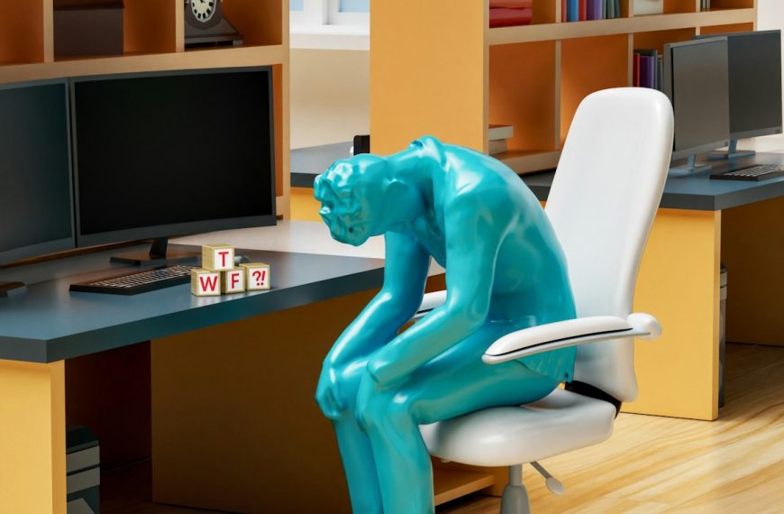 a statue of a person sitting on a chair in front of a desk